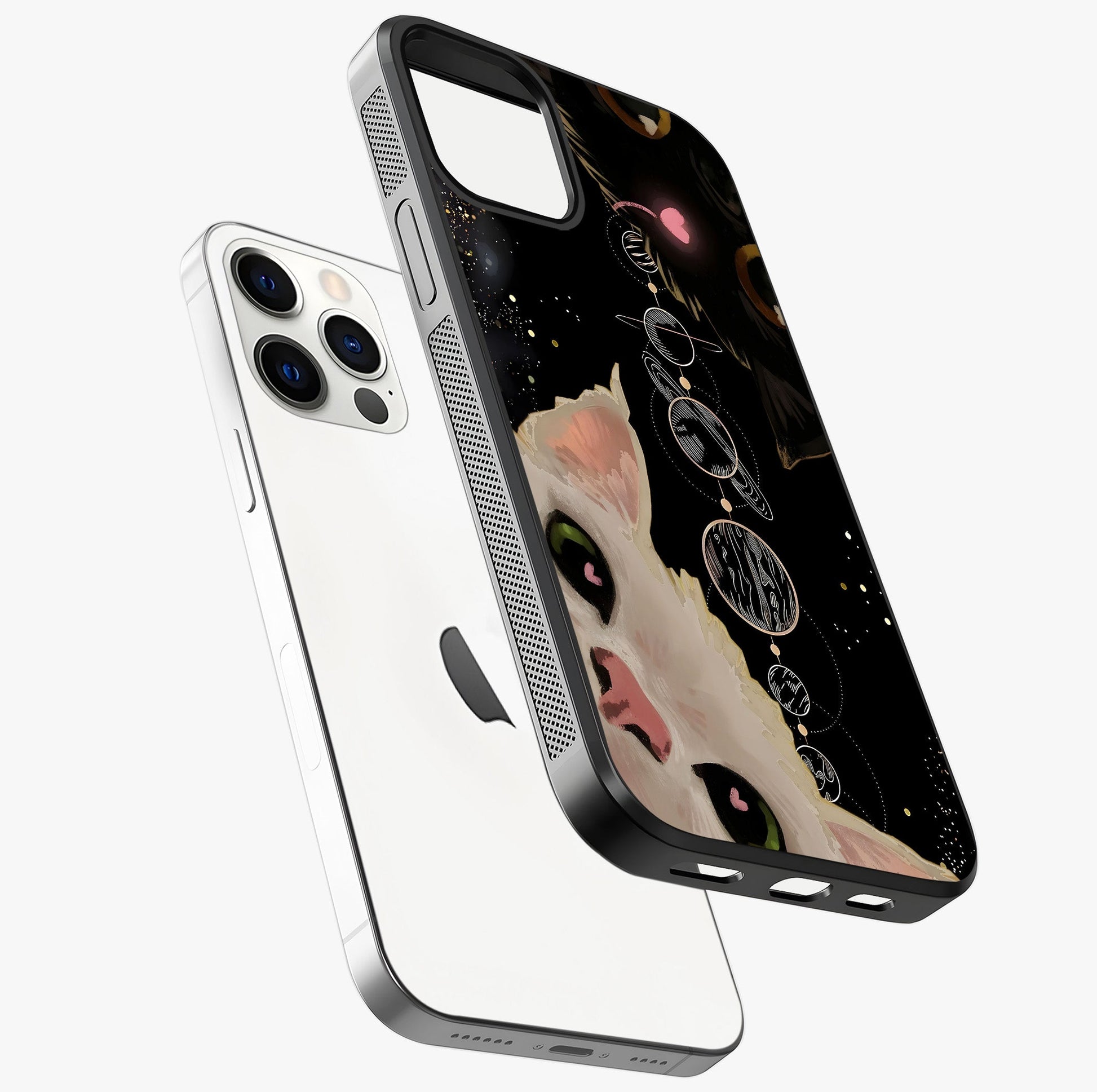 Galactic Cat Glass Case laid diagonally highlighting side profile, edges and glossy glass shine.