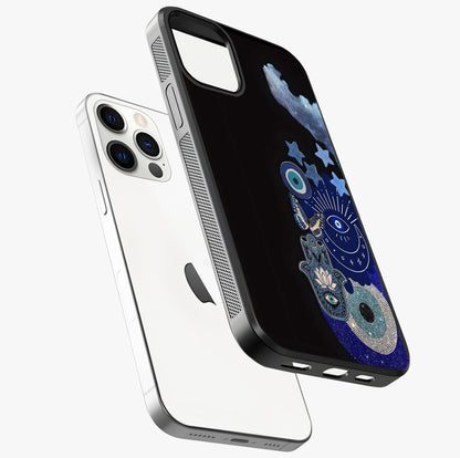 Galactic Charm Cluster Glass Case laid diagonally highlighting side profile, edges and glossy glass shine.