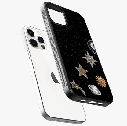 Galactic Charm Glow Glass Case laid diagonally highlighting side profile, edges and glossy glass shine.