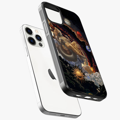 Galactic Divine God Glass Case laid diagonally highlighting side profile, edges and glossy glass shine.