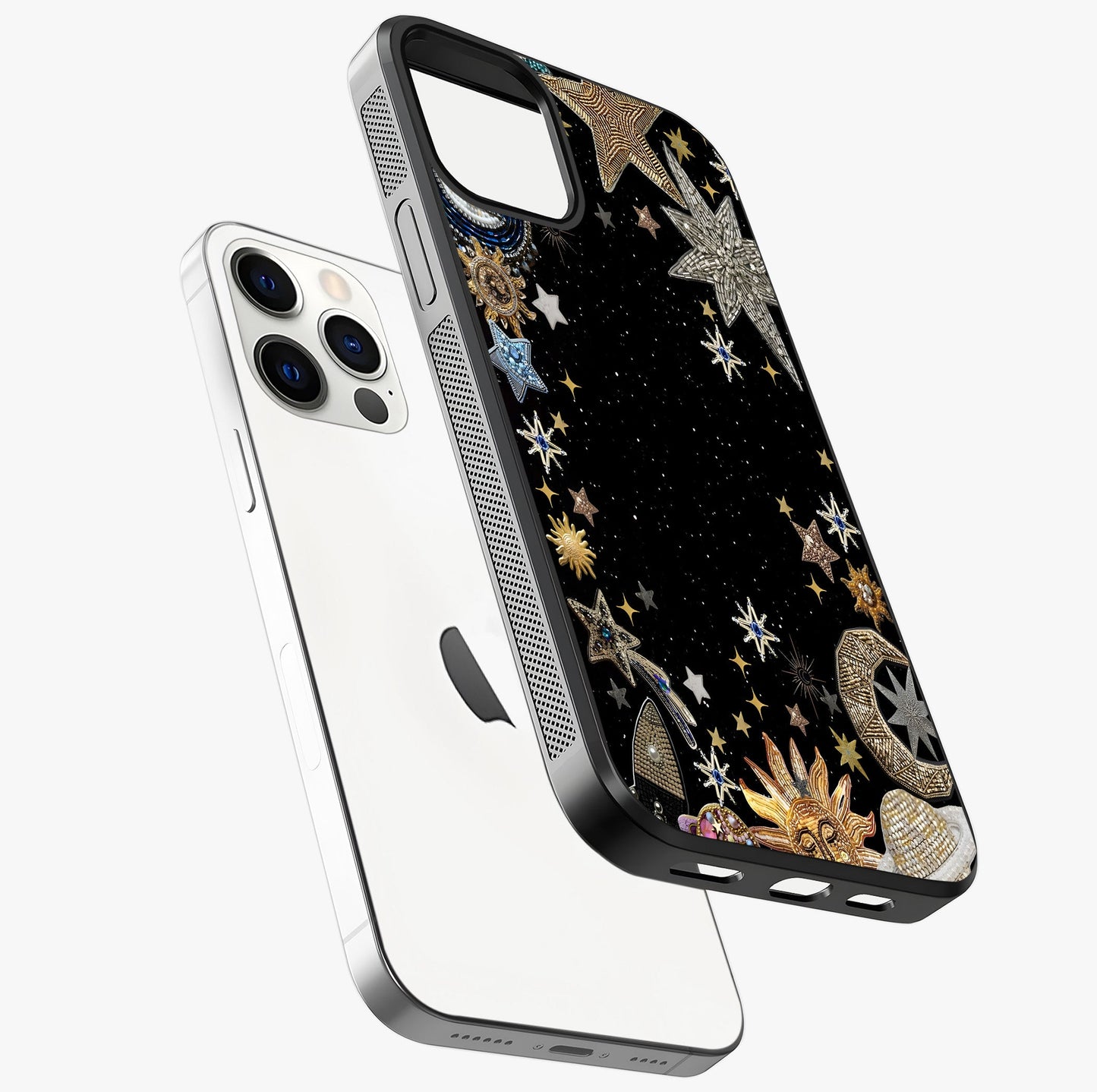 Galactic Jewel Stars Glass Case laid diagonally highlighting side profile, edges and glossy glass shine.
