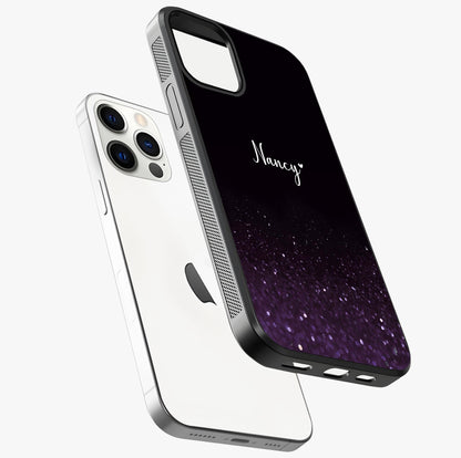 Glittery Purple Bokeh Custom Name Glass Case laid diagonally highlighting side profile, edges and glossy glass shine.
