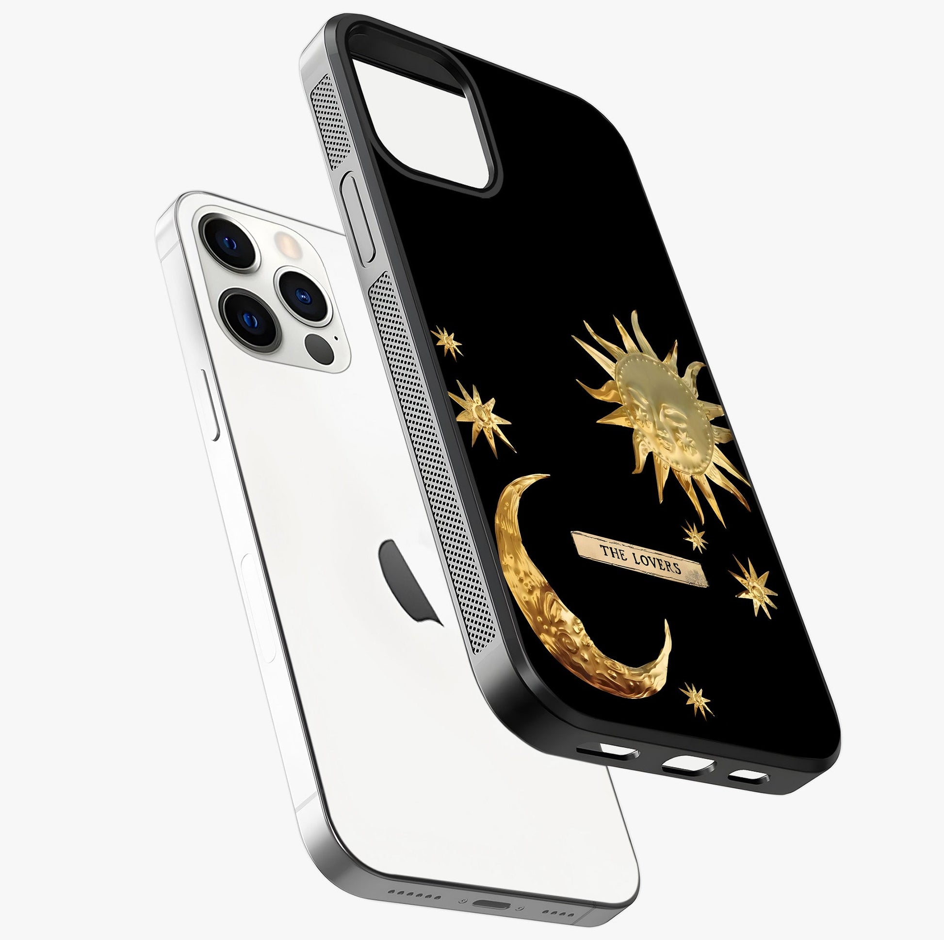 Golden Celestial Charm Glass Case laid diagonally highlighting side profile, edges and glossy glass shine.