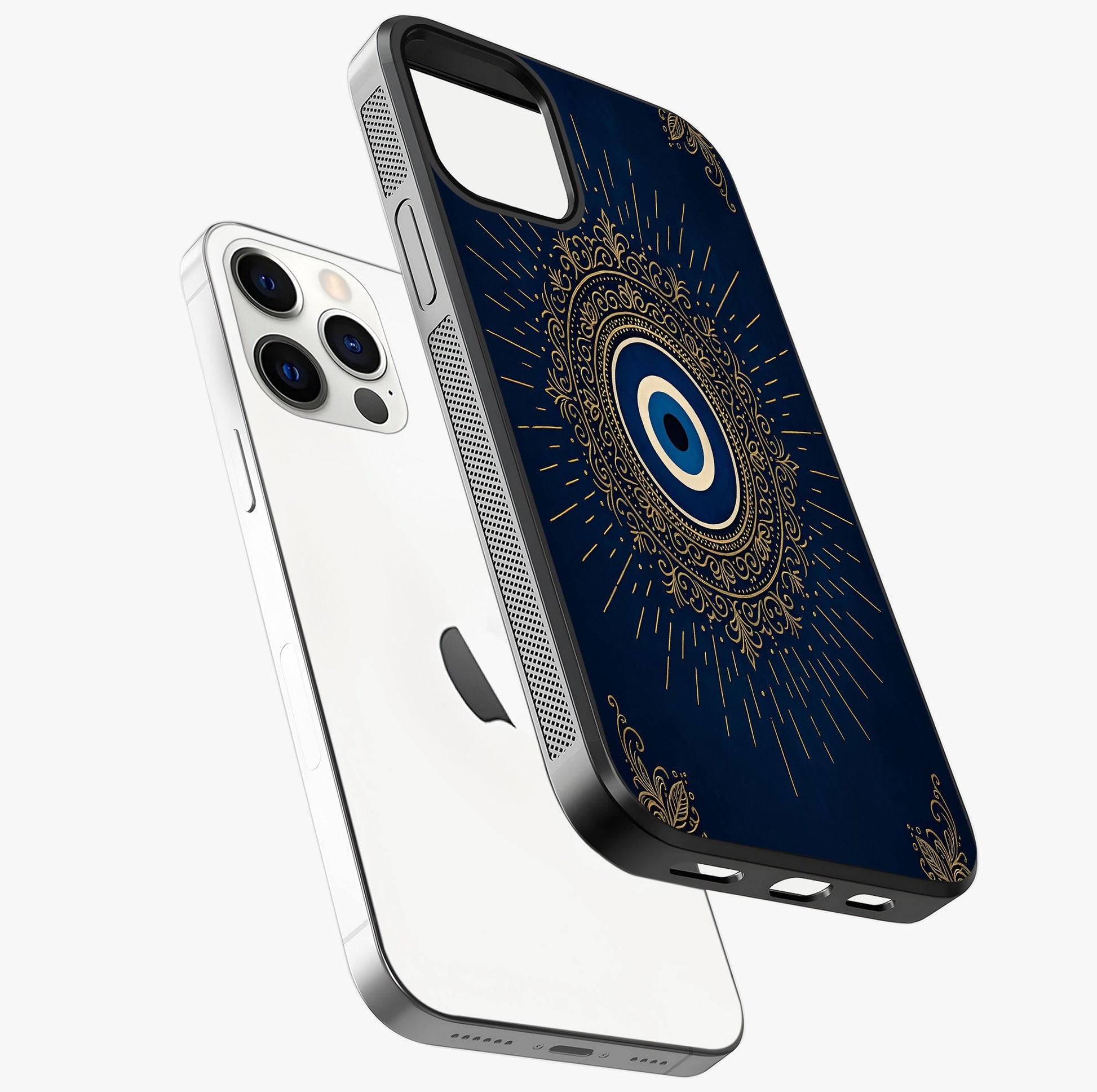 Golden Evil Eye Mandala Glass Case laid diagonally highlighting side profile, edges and glossy glass shine.