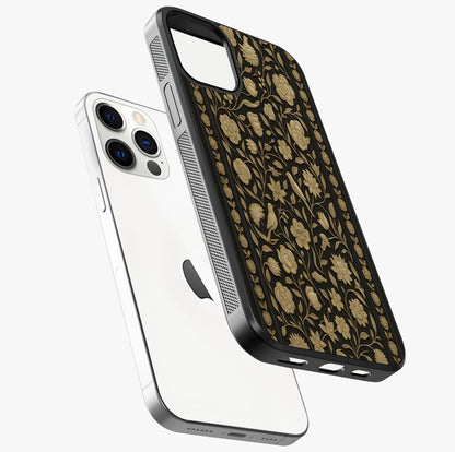 Golden Floral Majesty Glass Case laid diagonally highlighting side profile, edges and glossy glass shine.