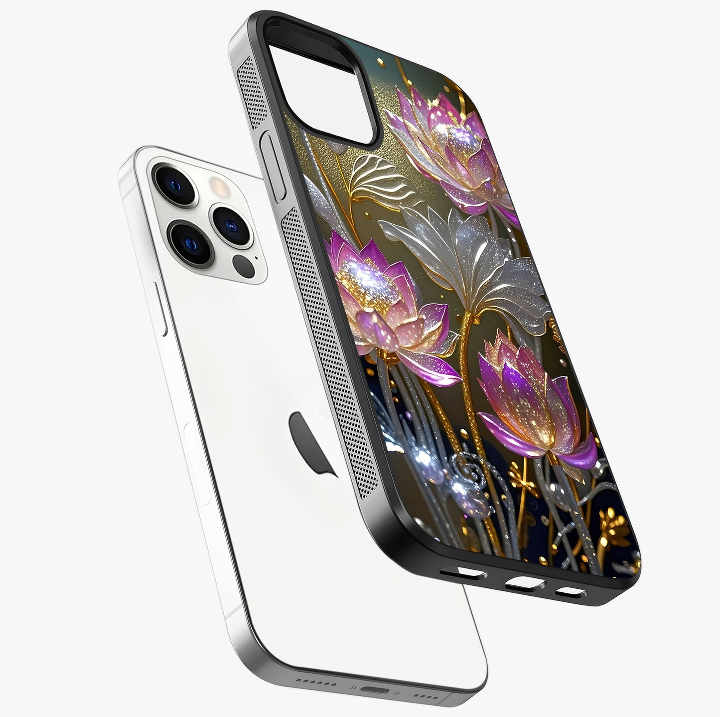 Golden Lotus Glow Glass Case laid diagonally highlighting side profile, edges and glossy glass shine.