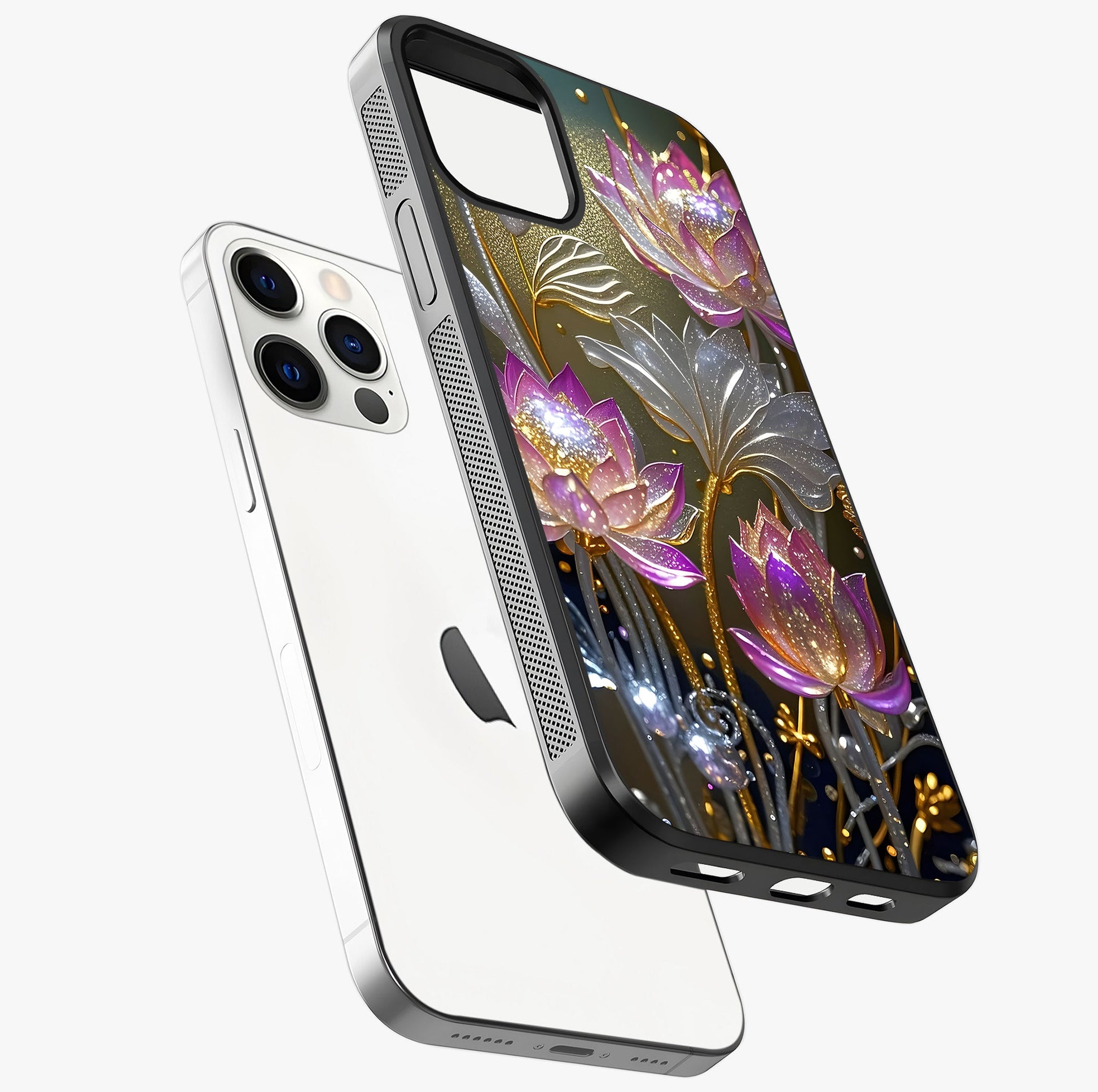 Golden Lotus Glow Glass Case laid diagonally highlighting side profile, edges and glossy glass shine.