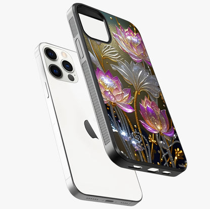 Golden Lotus Glow Glass Case laid diagonally highlighting side profile, edges and glossy glass shine.