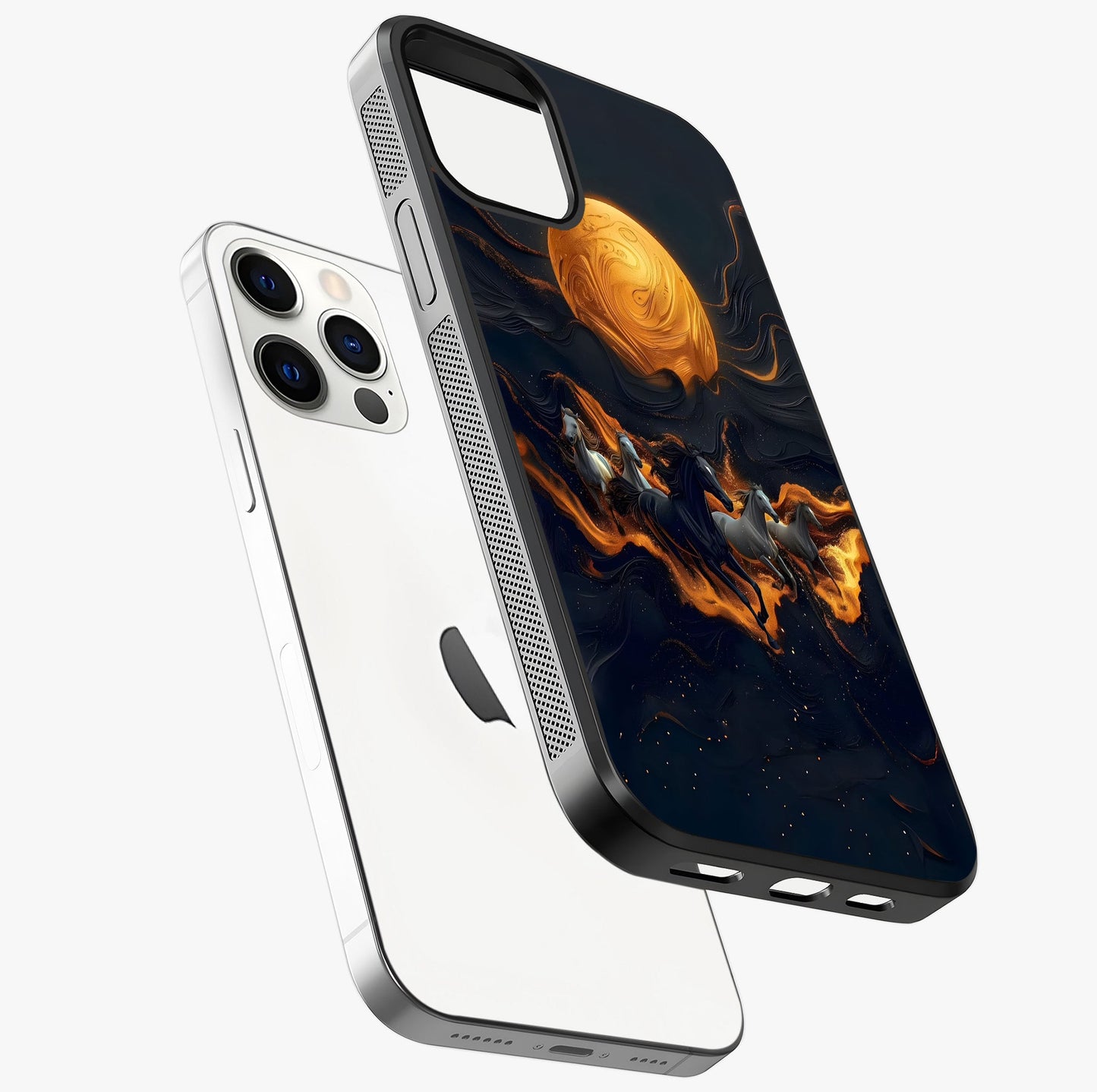 Golden Stallion Moonride Glass Case laid diagonally highlighting side profile, edges and glossy glass shine.