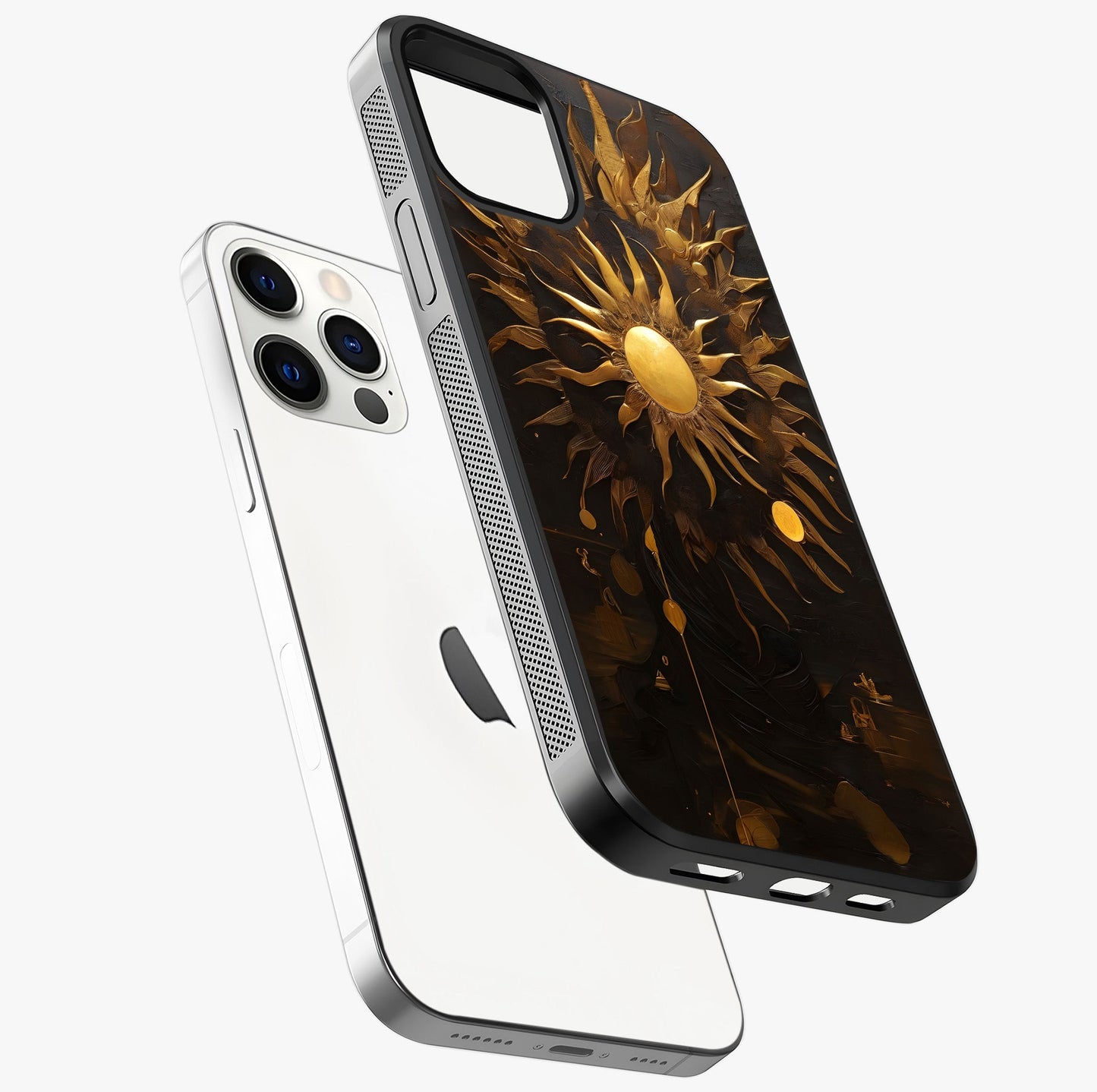 Golden Sun Majesty Glass Case laid diagonally highlighting side profile, edges and glossy glass shine.
