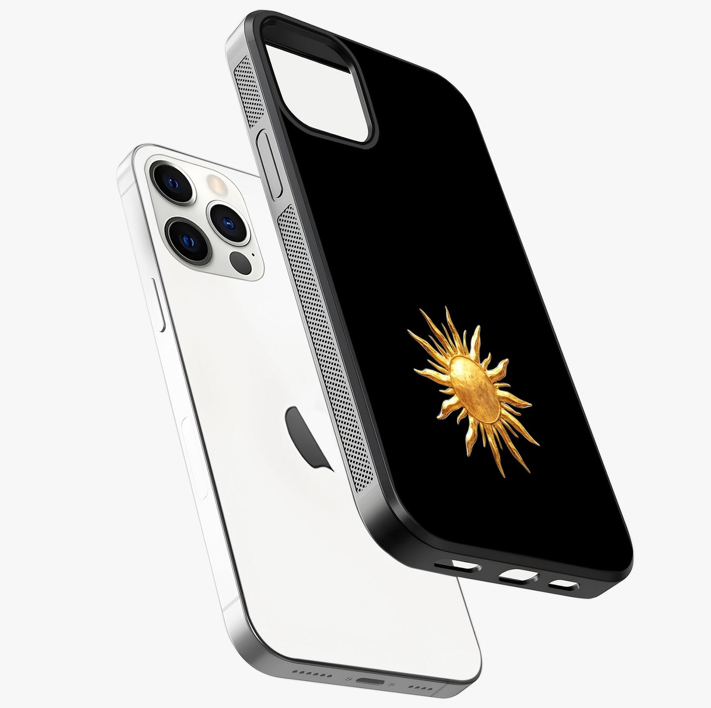 Golden Sun Minimalism Glass Case laid diagonally highlighting side profile, edges and glossy glass shine.