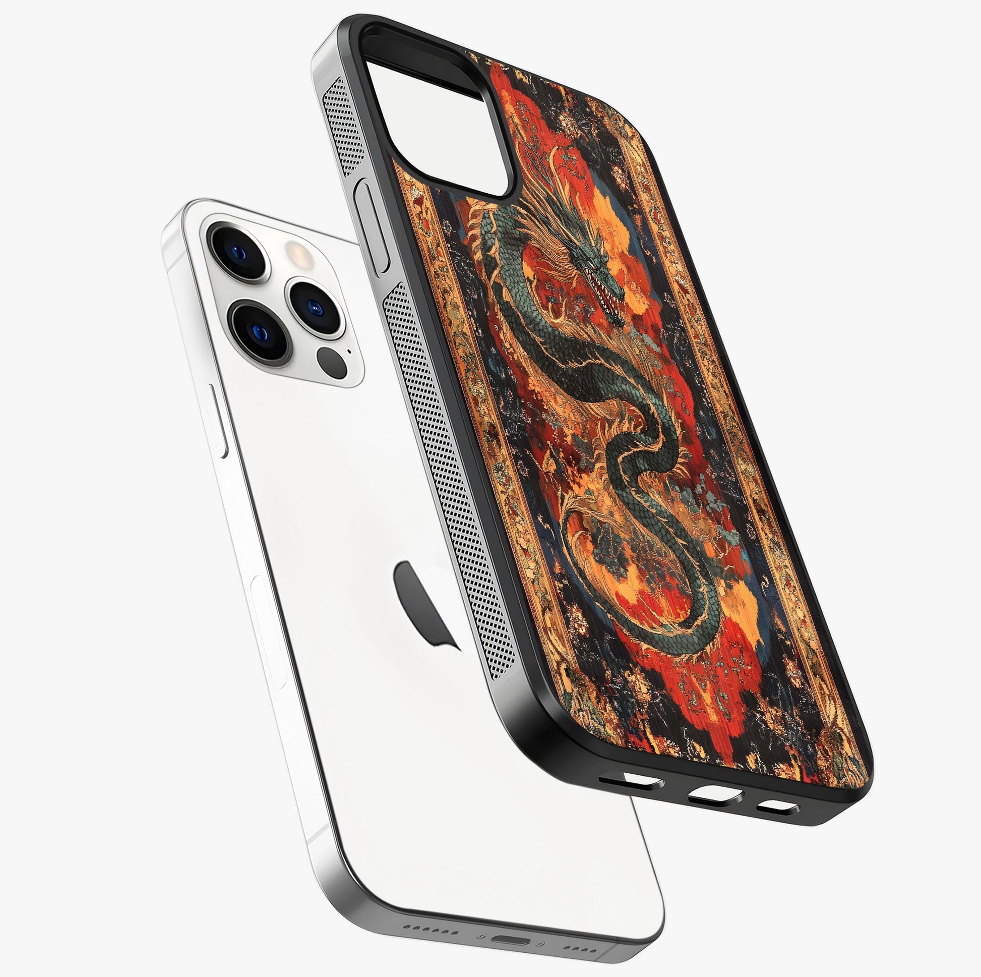 Inferno Dragon Soul Glass Case laid diagonally highlighting side profile, edges and glossy glass shine.