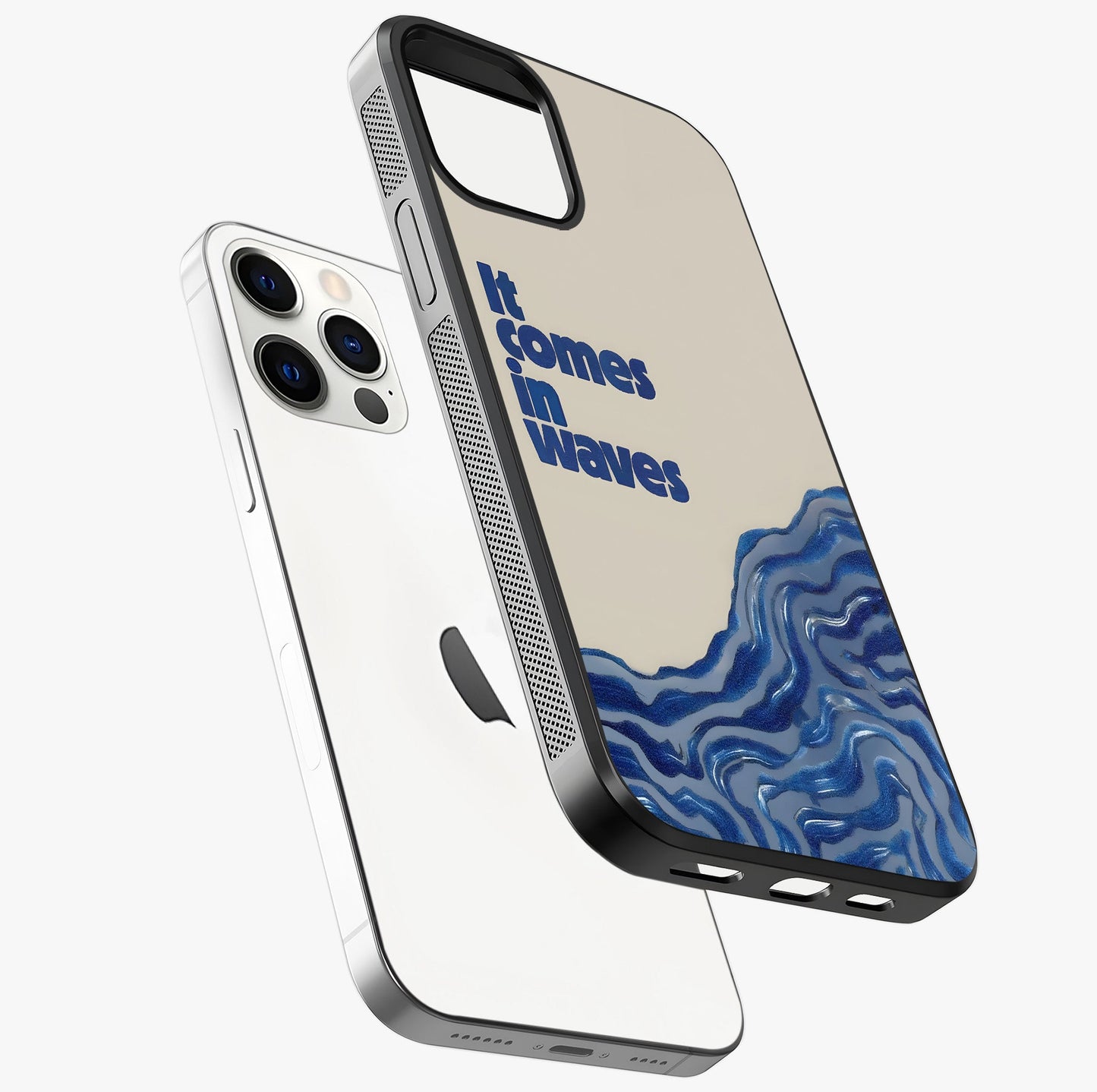 It Comes In Waves Quote Glass Case laid diagonally highlighting side profile, edges and glossy glass shine.