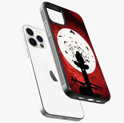 Itachi Limited Edition Naruto Anime Glass Case laid diagonally highlighting side profile, edges and glossy glass shine.