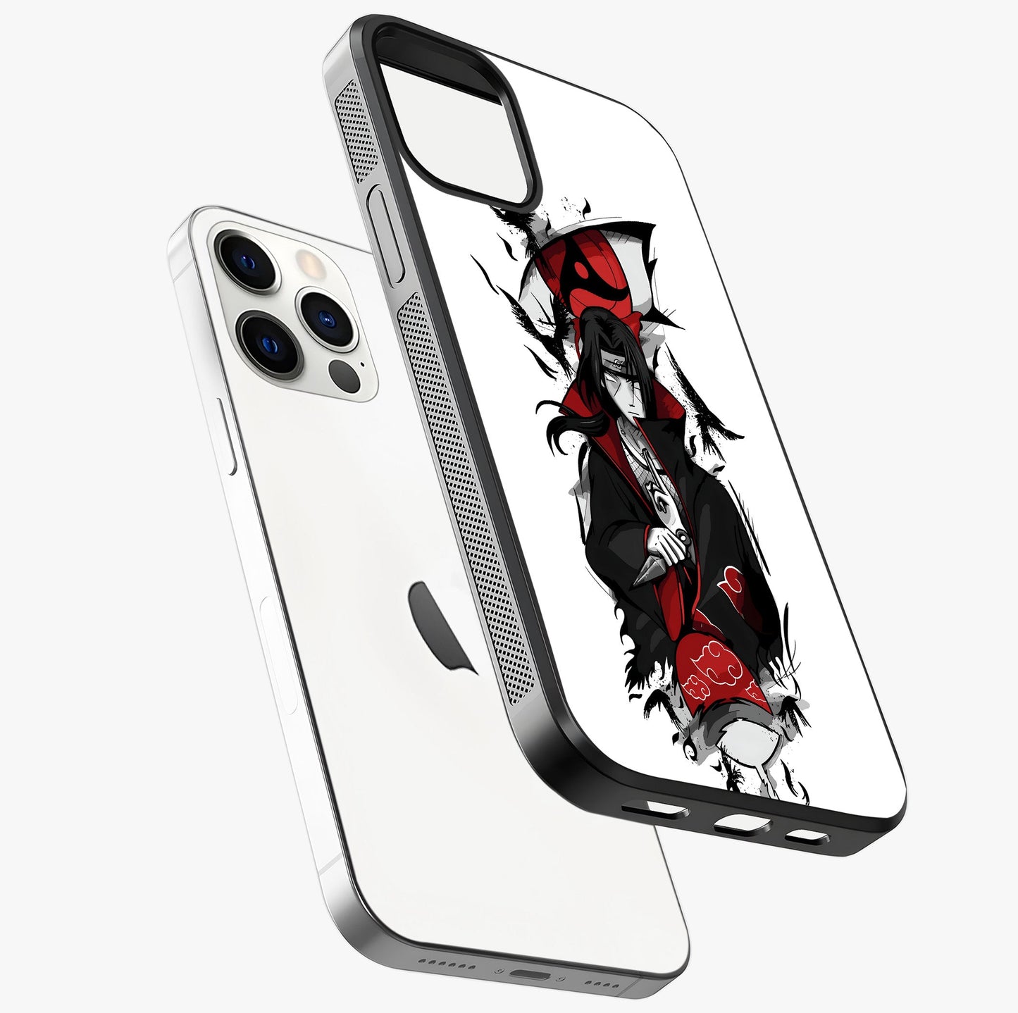 Itachi Sharingan Glass Case laid diagonally highlighting side profile, edges and glossy glass shine.