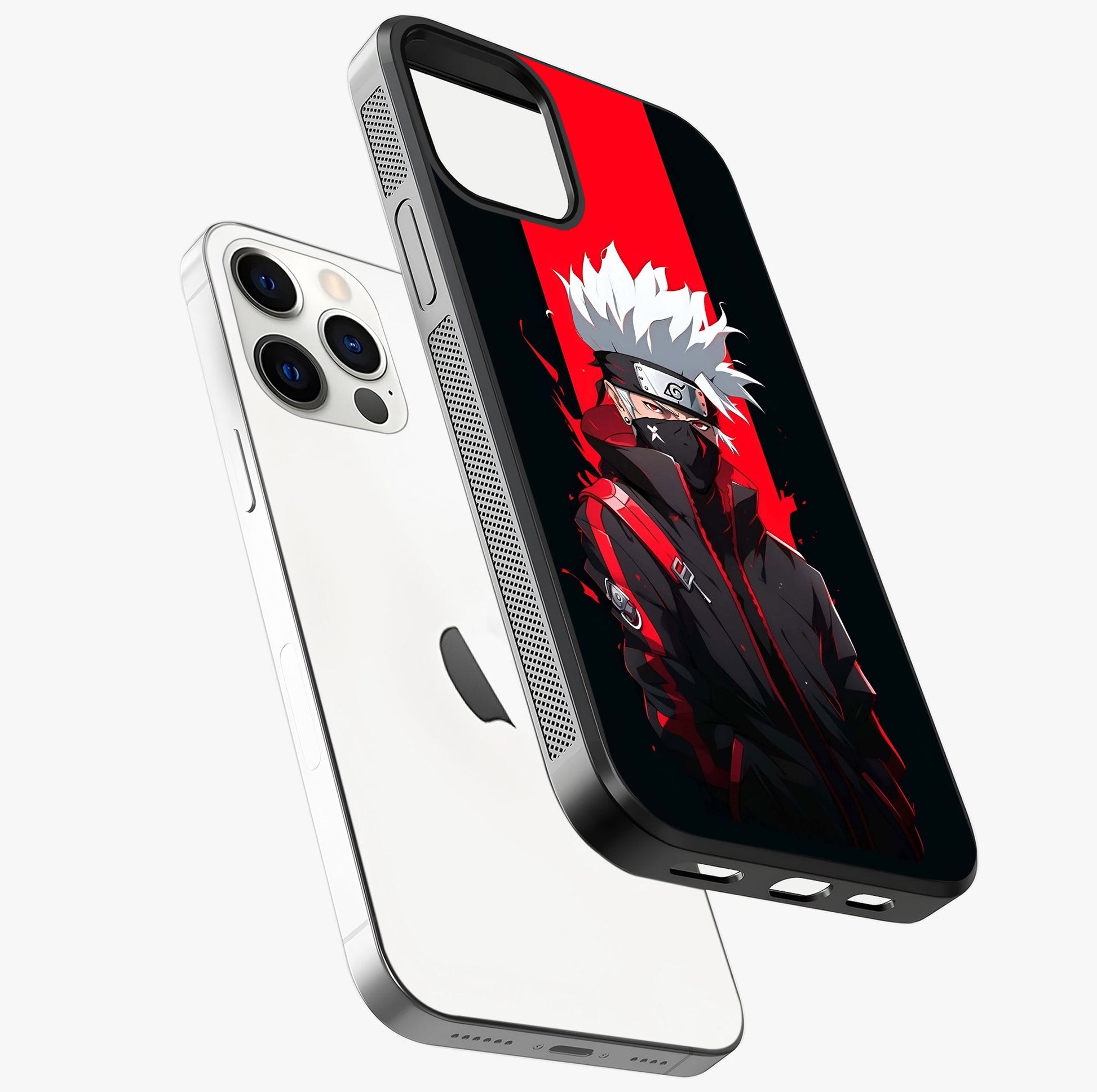 Kakashi Scarlet Shadow Glass Case laid diagonally highlighting side profile, edges and glossy glass shine.
