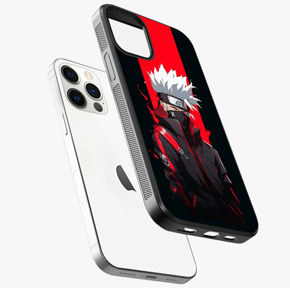 Kakashi Scarlet Shadow Glass Case laid diagonally highlighting side profile, edges and glossy glass shine.