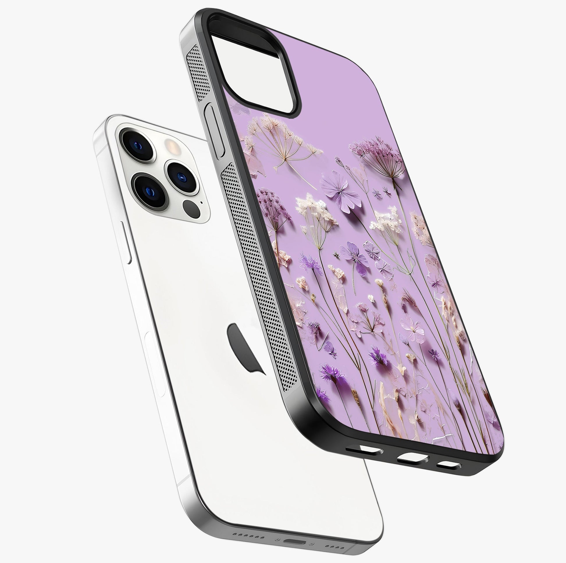 Lavender Blossom Dream Glass Case laid diagonally highlighting side profile, edges and glossy glass shine.