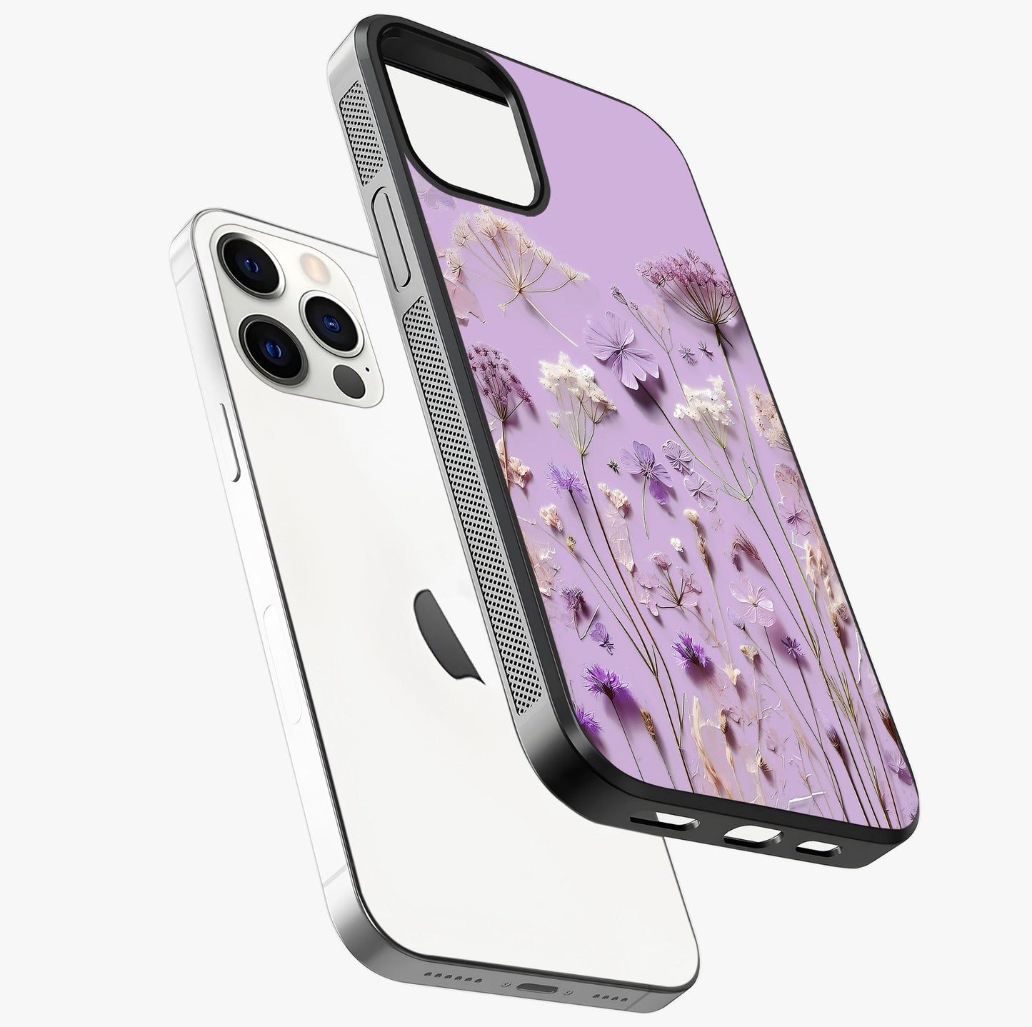 Lavender Blossom Dream Glass Case laid diagonally highlighting side profile, edges and glossy glass shine.