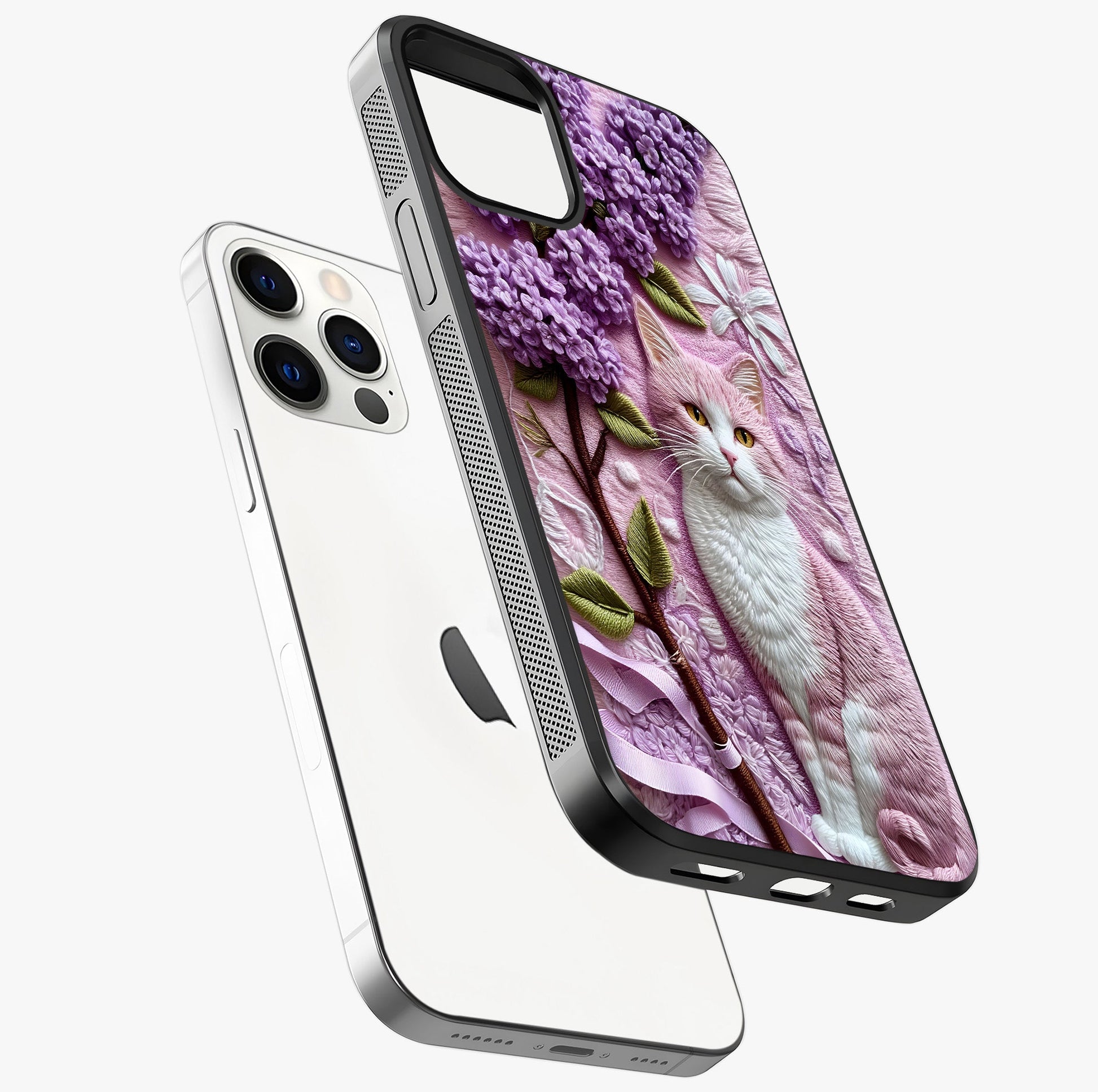 Lavender Cat Whimsy Glass Case laid diagonally highlighting side profile, edges and glossy glass shine.