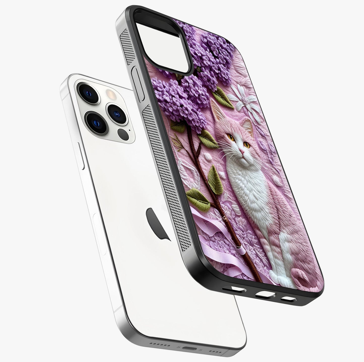 Lavender Cat Whimsy Glass Case laid diagonally highlighting side profile, edges and glossy glass shine.