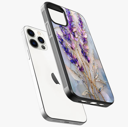 Lavender Dream Glow Glass Case laid diagonally highlighting side profile, edges and glossy glass shine.