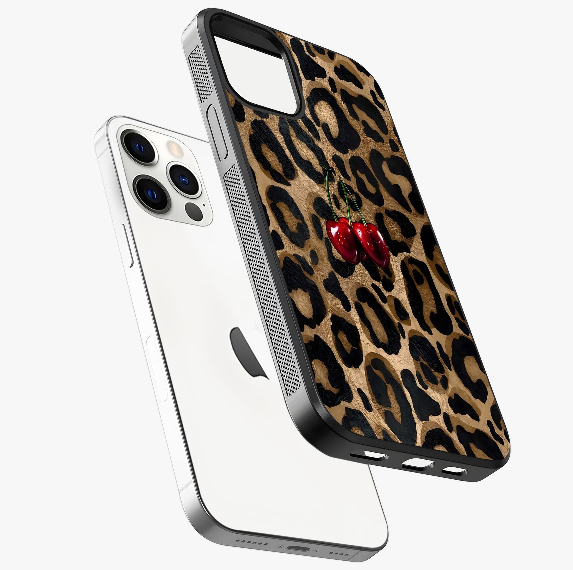 Leopard Wild Cherry Glass Case laid diagonally highlighting side profile, edges and glossy glass shine.