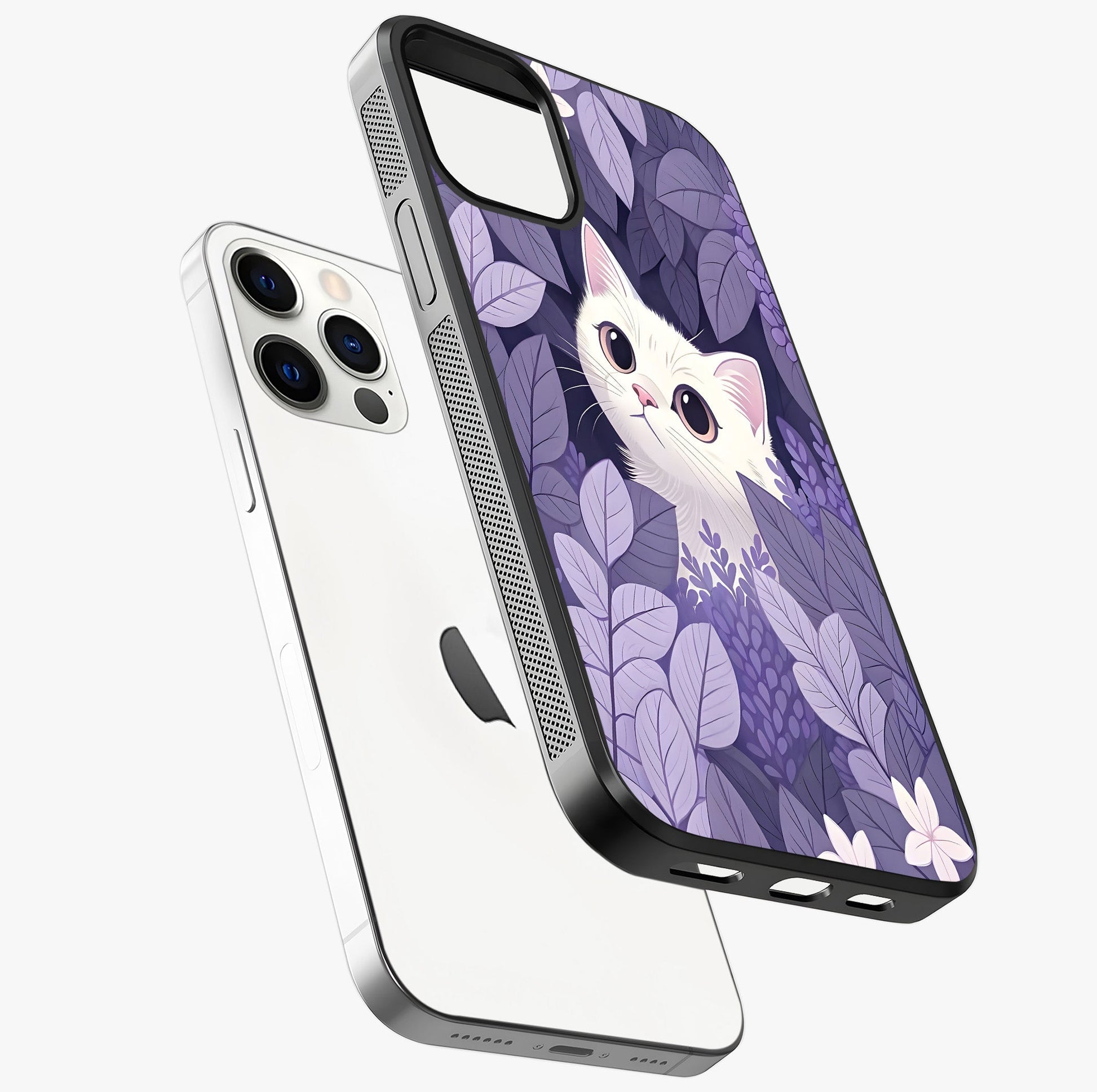 Lilac Hide Peek Cat Glass Case laid diagonally highlighting side profile, edges and glossy glass shine.