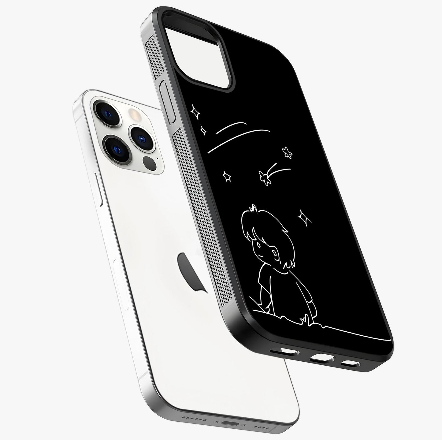 Line Art Boy With Shooting Stars Glass Case laid diagonally highlighting side profile, edges and glossy glass shine.
