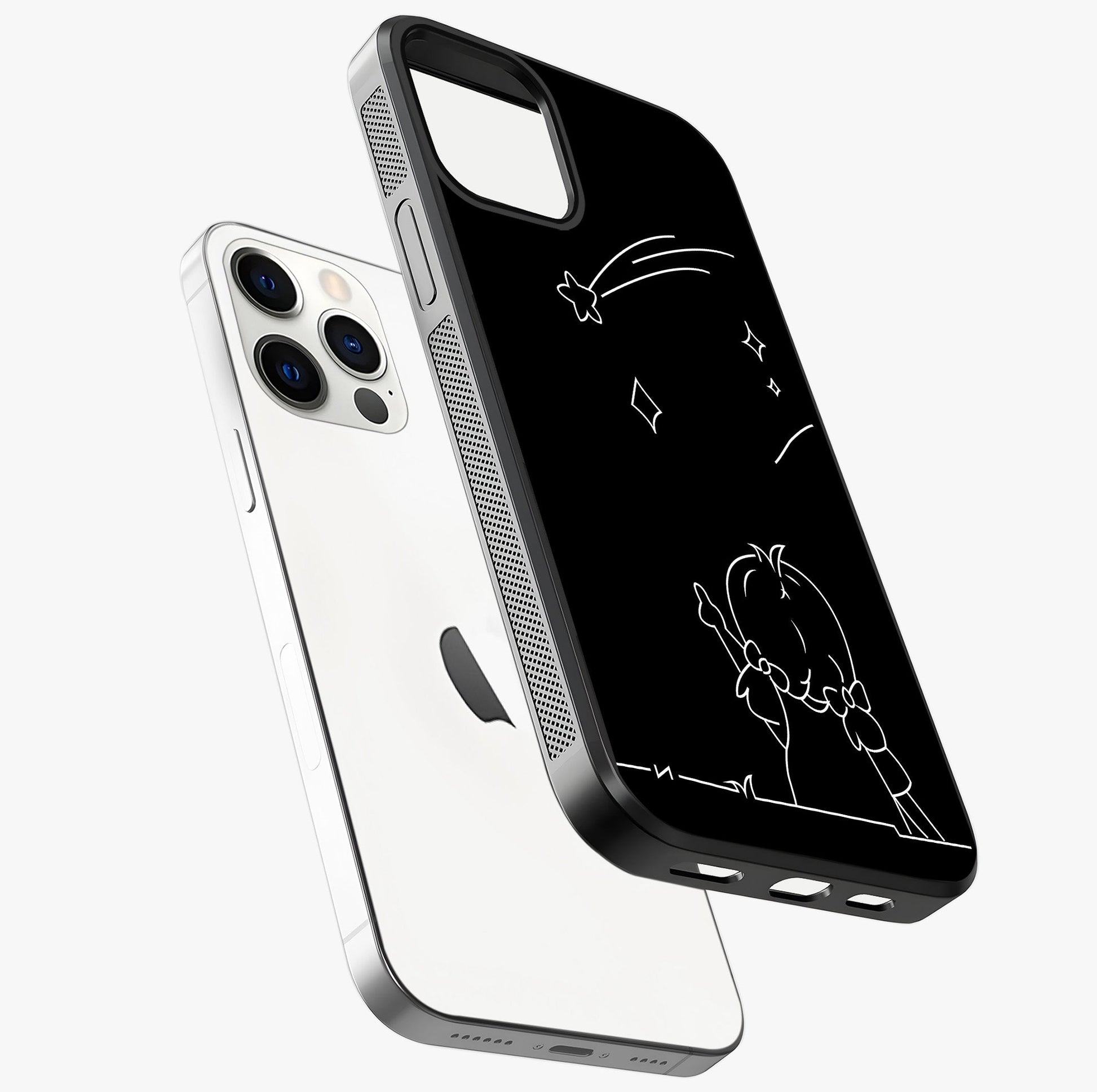 Line Art Girl With Shooting Stars Glass Case laid diagonally highlighting side profile, edges and glossy glass shine.