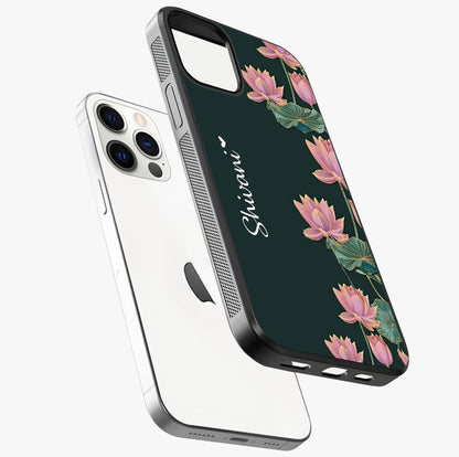 Lotus Bloom Serenity Custom Name Glass Case laid diagonally highlighting side profile, edges and glossy glass shine.
