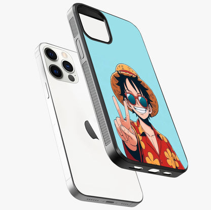 Luffy Summer Anime Vibe Glass Case laid diagonally highlighting side profile, edges and glossy glass shine.
