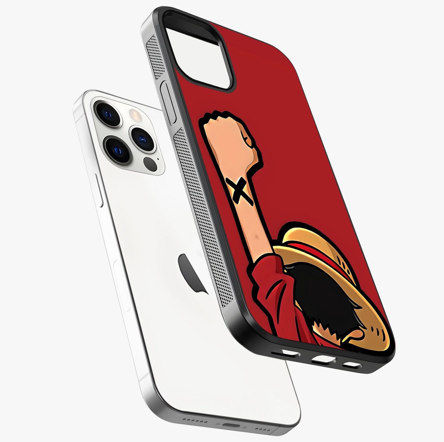 Luffy X Spirit Glass Case laid diagonally highlighting side profile, edges and glossy glass shine.