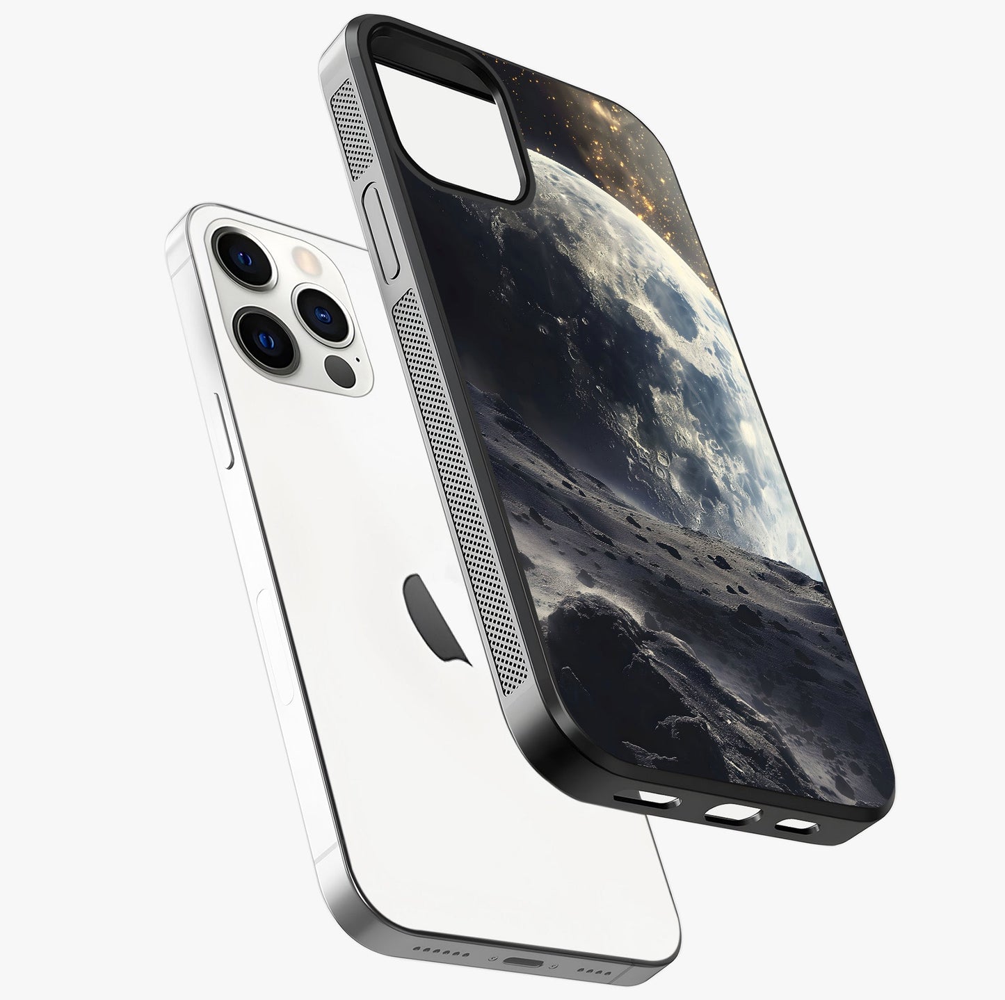 Lunar Horizon Glow Glass Case laid diagonally highlighting side profile, edges and glossy glass shine.