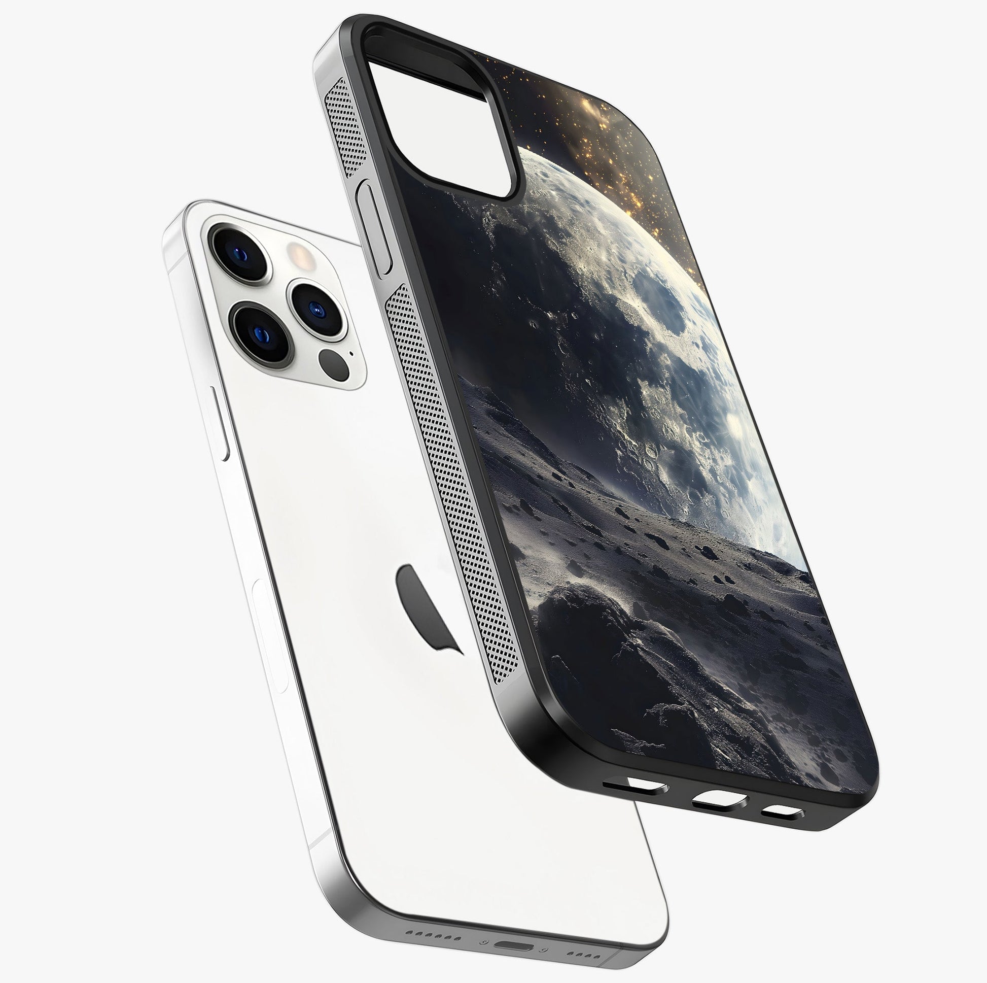 Lunar Horizon Glow Glass Case laid diagonally highlighting side profile, edges and glossy glass shine.