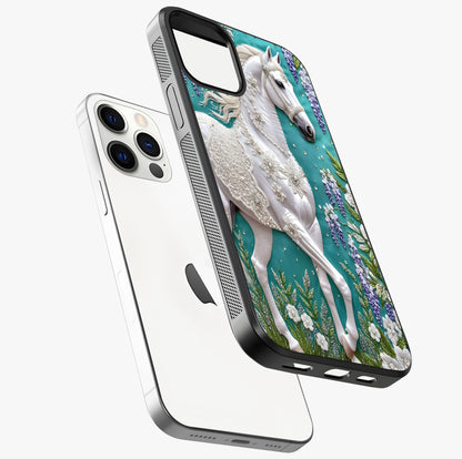Majestic Floral Stallion Glass Case laid diagonally highlighting side profile, edges and glossy glass shine.