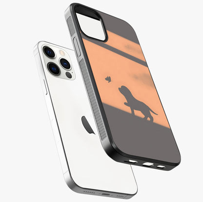Puppy Shadow Art Glass Case laid diagonally highlighting side profile, edges and glossy glass shine.