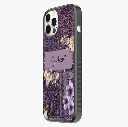 Antique Floral Whisper Custom Name Glass Case photographed in natural light showing reflective finish and design depth.