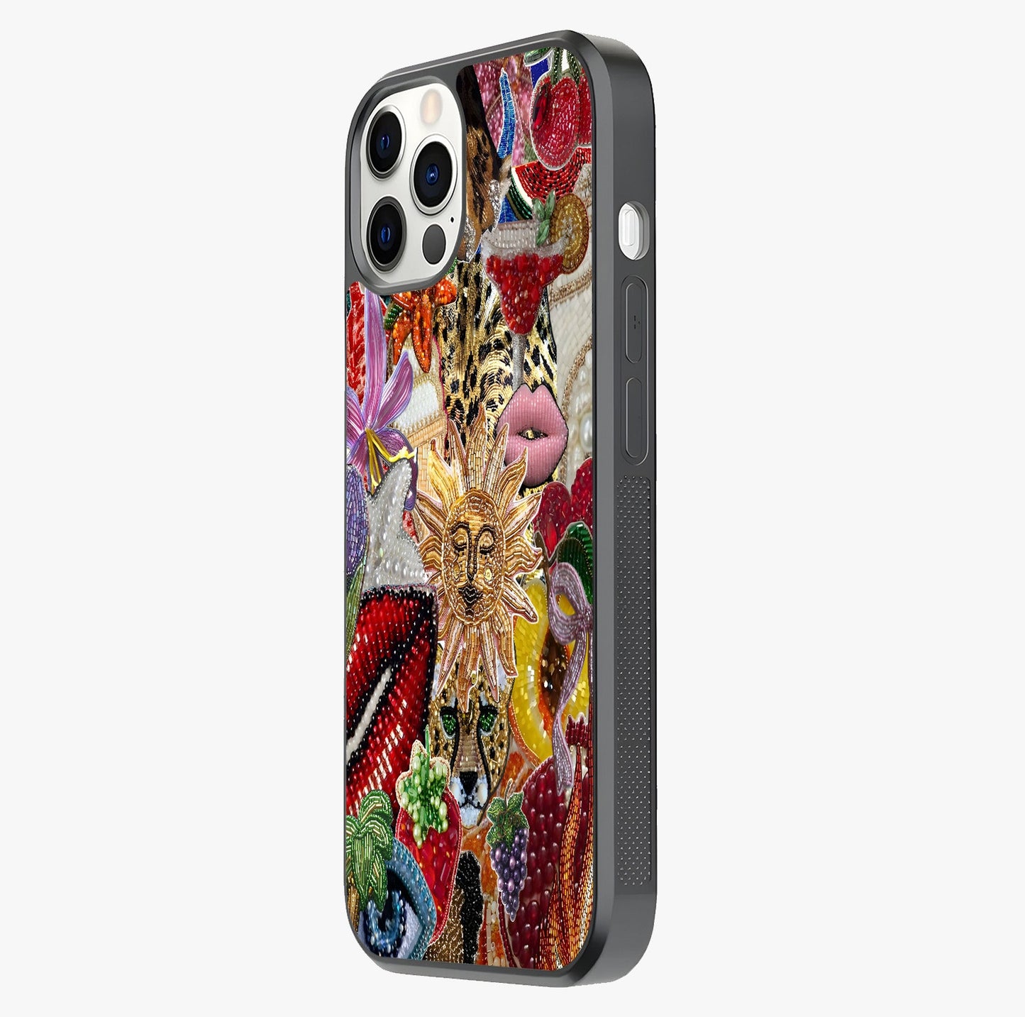 Beaded Fashion Jungle Glass Case photographed in natural light showing reflective finish and design depth.