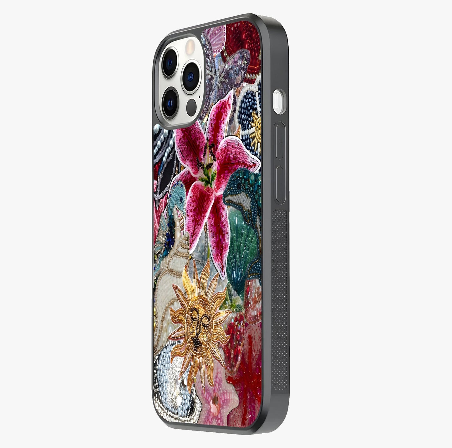 Beaded Garden Fantasy Glass Case photographed in natural light showing reflective finish and design depth.
