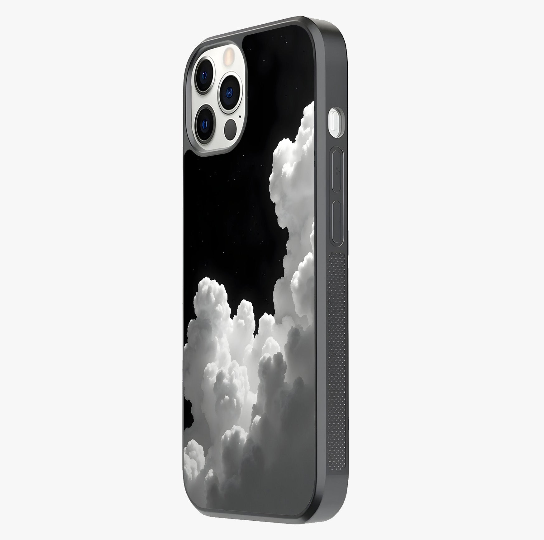 Black Background With White Cloud Glass Case photographed in natural light showing reflective finish and design depth.