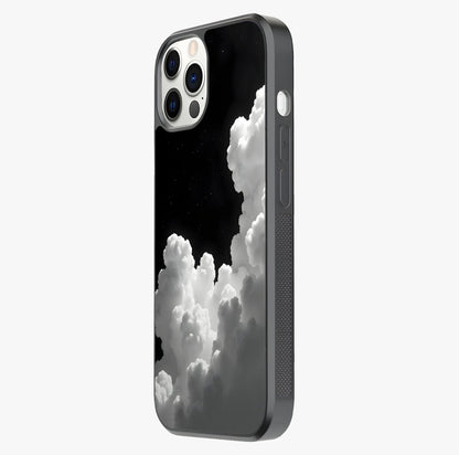 Black Background With White Cloud Glass Case photographed in natural light showing reflective finish and design depth.