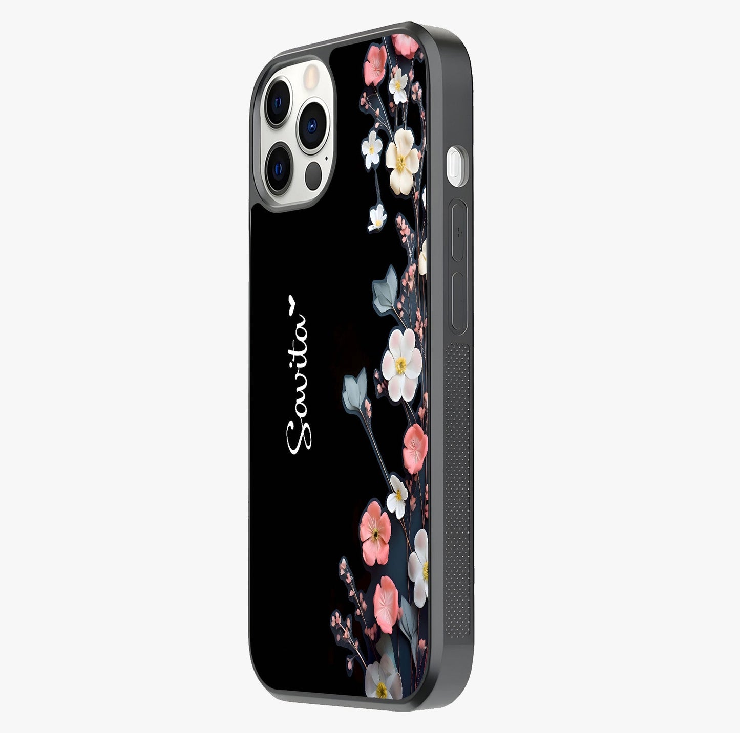 Black Elegance Floral Custom Name Glass Case photographed in natural light showing reflective finish and design depth.