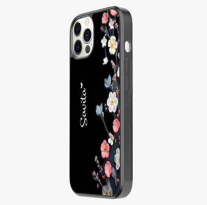 Black Elegance Floral Custom Name Glass Case photographed in natural light showing reflective finish and design depth.