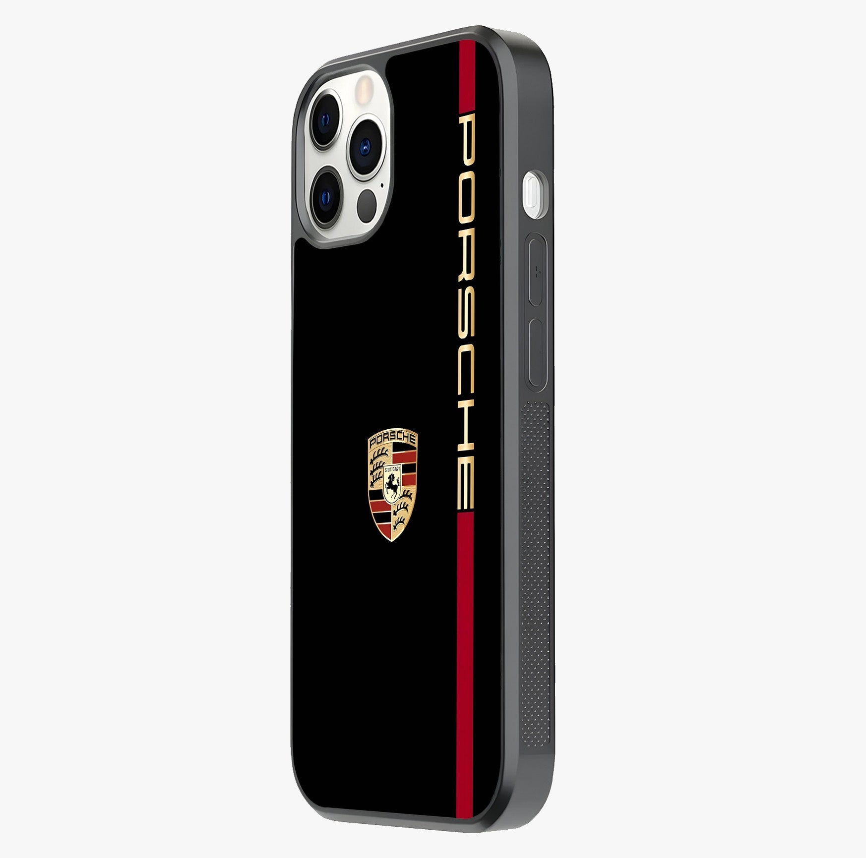 Black Minimal Porsche Glass Case photographed in natural light showing reflective finish and design depth.