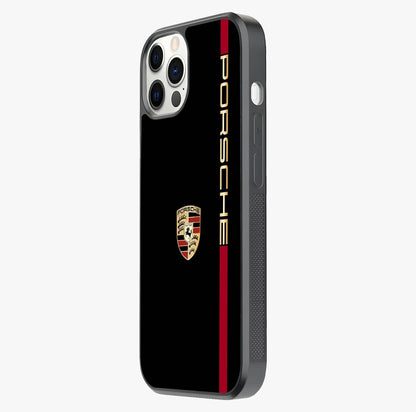 Black Minimal Porsche Glass Case photographed in natural light showing reflective finish and design depth.