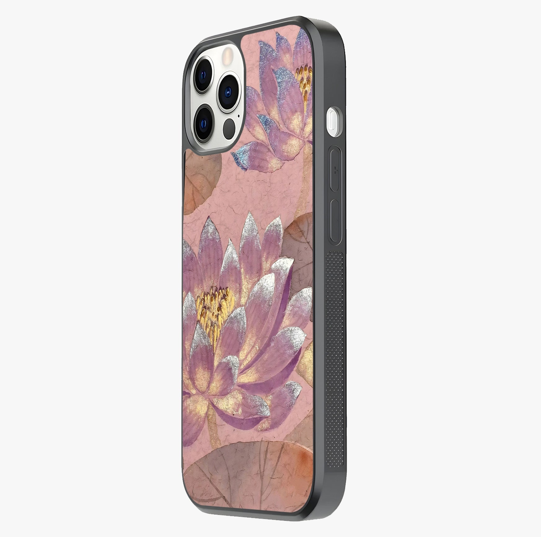 Blossom Mist Lotus Glass Case photographed in natural light showing reflective finish and design depth.