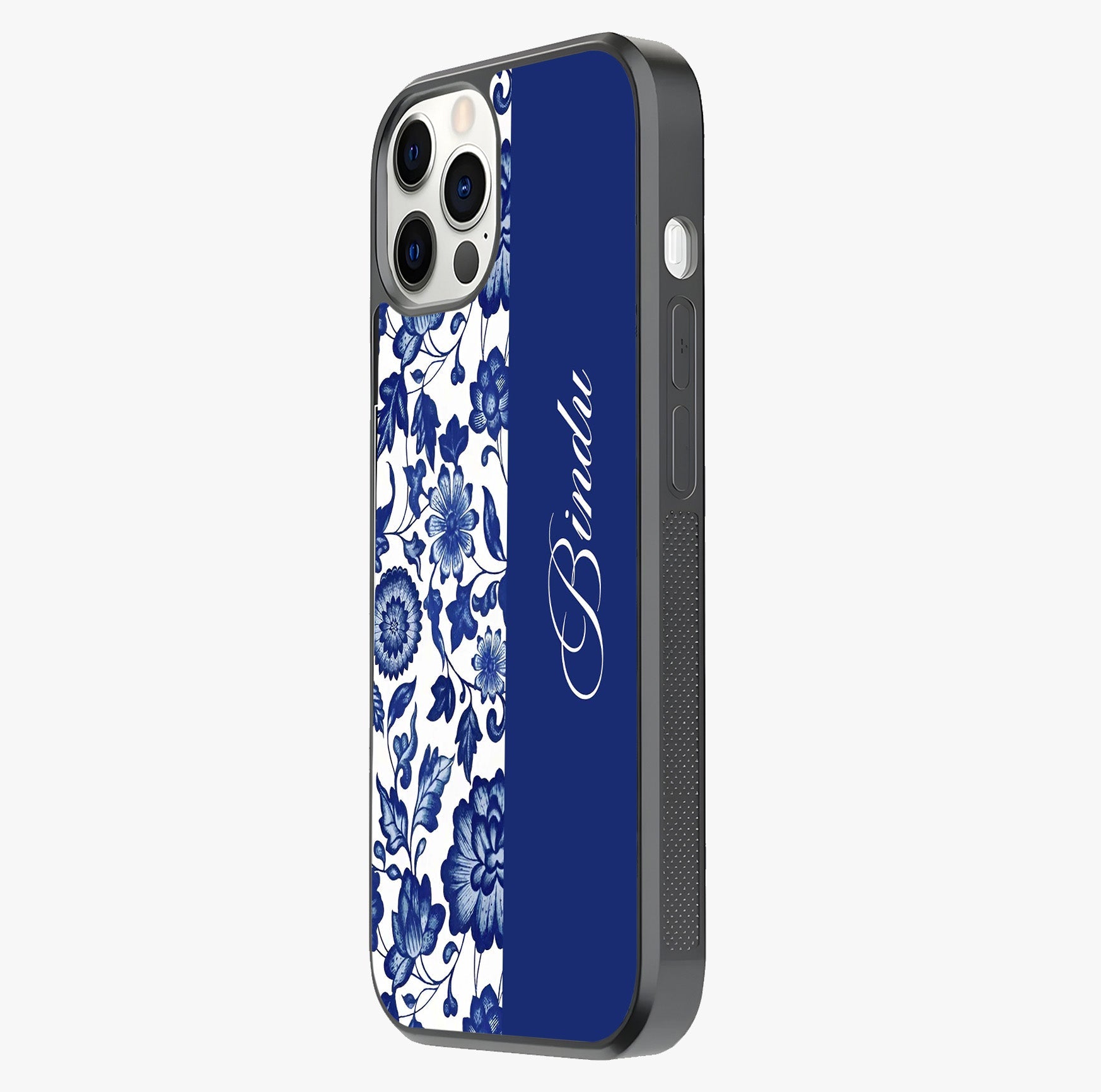 Blue Vintage Floral Pattern Glass Case photographed in natural light showing reflective finish and design depth.