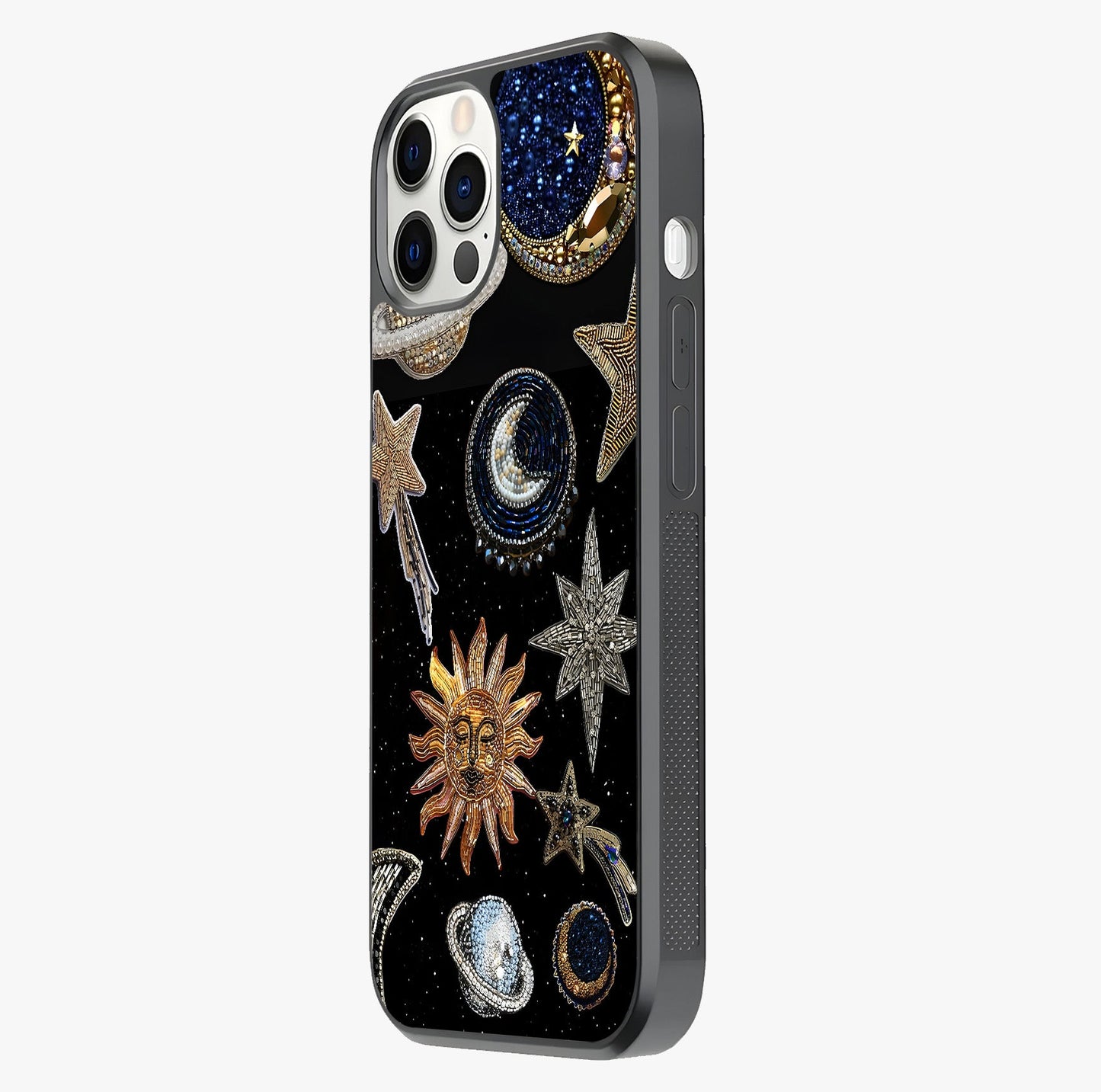 Celestial Gem Constellations Glass Case photographed in natural light showing reflective finish and design depth.