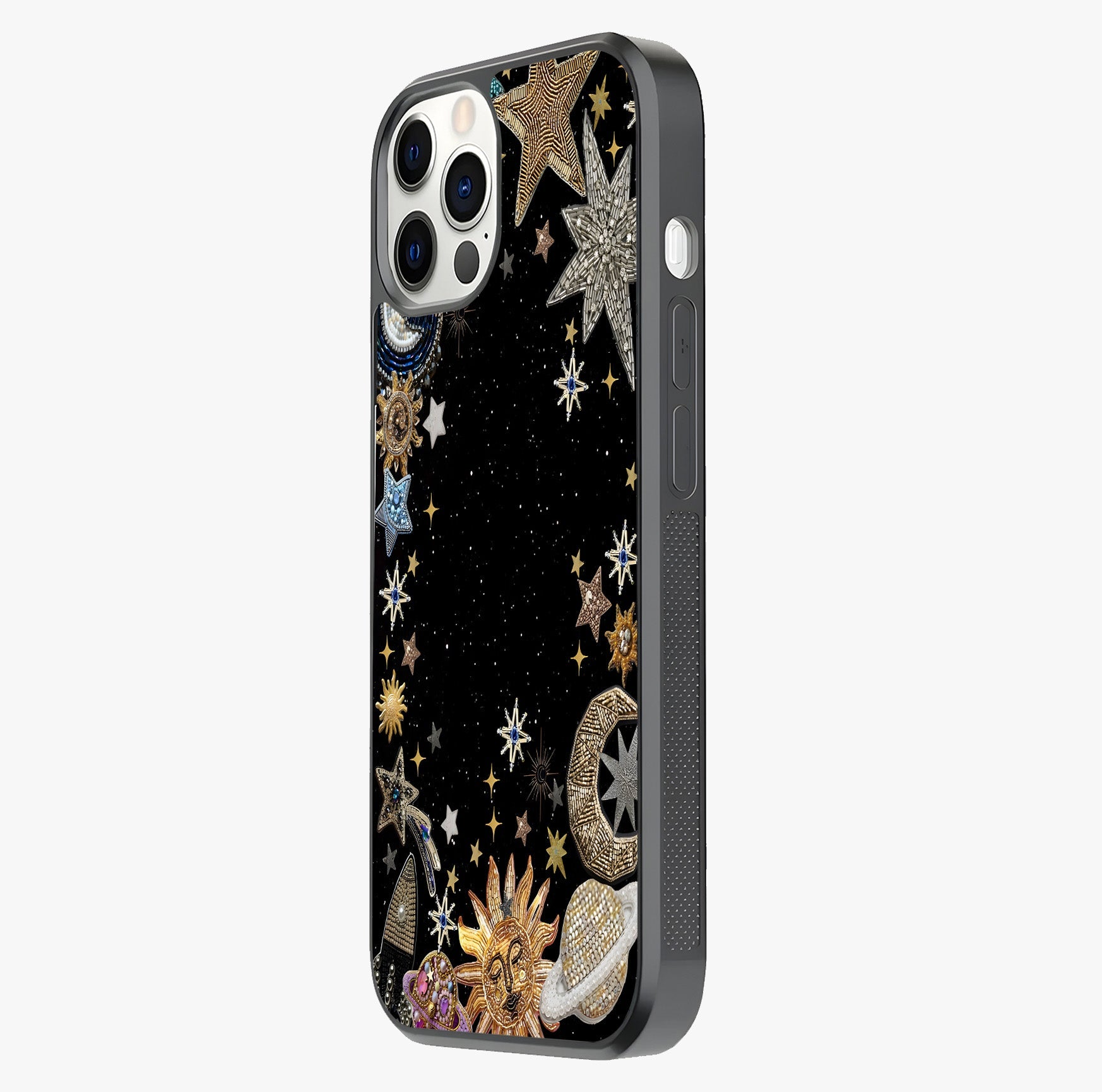 Galactic Jewel Stars Glass Case photographed in natural light showing reflective finish and design depth.
